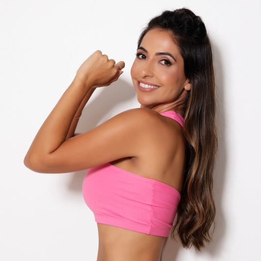 Top Fitness Assimétrico Rosa Neon em Poliamida MTX MODA - Alta Elasticidade e Conforto